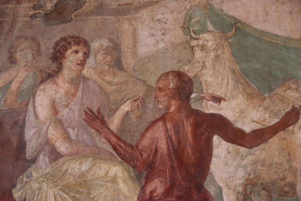 VI.15.1 Pompeii. October 2024. Detail from central painting showing Pasiphae and Daedalus. Photo courtesy of Klaus Heese.