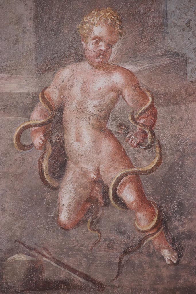 VI.15.1 Pompeii. October 2024. 
North wall of exedra, detail of Hercules. Photo courtesy of Klaus Heese.
