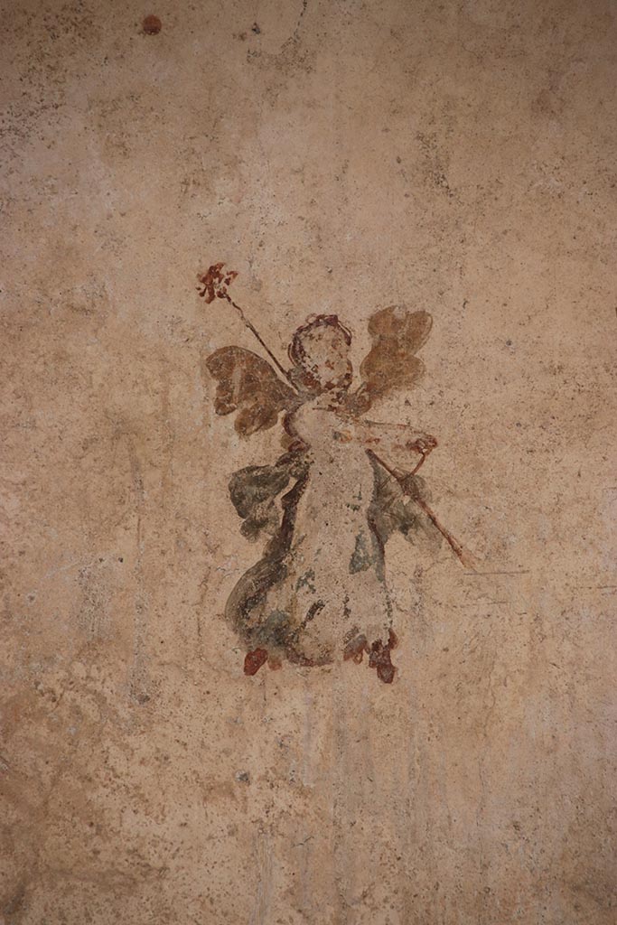 VI.15.1 Pompeii. October 2024. 
White cubiculum “u”, painted cupid from panel at north end of east wall. Photo courtesy of Klaus Heese.
