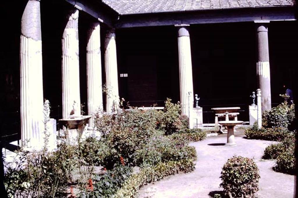 VI.15.1 Pompeii, 1968. Looking towards the north-west corner and north side of the peristyle.  Photo by Stanley A. Jashemski.
Source: The Wilhelmina and Stanley A. Jashemski archive in the University of Maryland Library, Special Collections (See collection page) and made available under the Creative Commons Attribution-Non Commercial License v.4. See Licence and use details.
J68f0689
