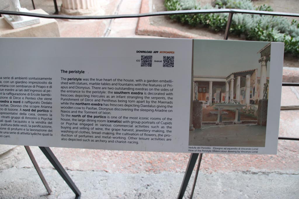 VI.15.1 Pompeii. October 2023. Description card in peristyle. Photo courtesy of Klaus Heese.