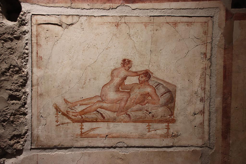 VI.15.1 Pompeii. October 2024. West wall, erotic painting in bedroom (x’). Photo courtesy of Klaus Heese.