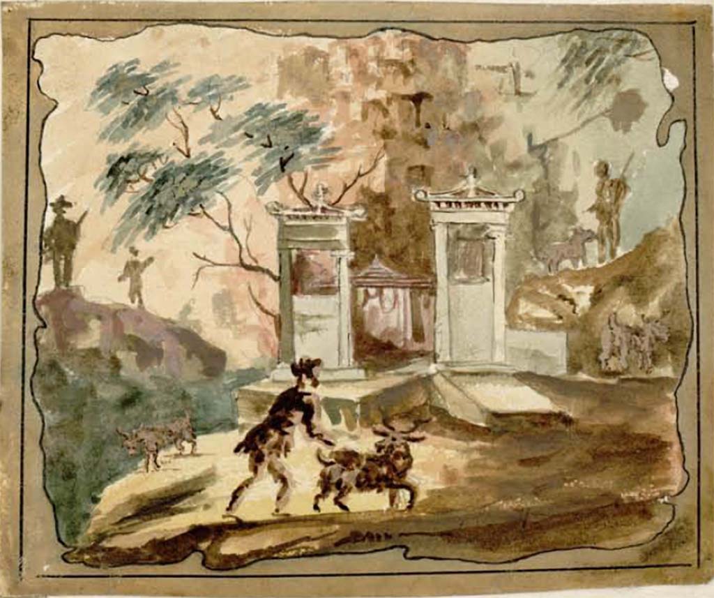 HGW06 Pompeii. 1819-1832. Copy by Gell of wall painting of the Lost Ram.
See Gell, W. Pompeii unpublished [Dessins de l'édition de 1832 donnant le résultat des fouilles post 1819 (?)] vol II, page de titre.
Bibliothèque de l'Institut National d'Histoire de l'Art, collections Jacques Doucet, Identifiant numérique Num MS180 (2).
See book in INHA Use Etalab Licence Ouverte
