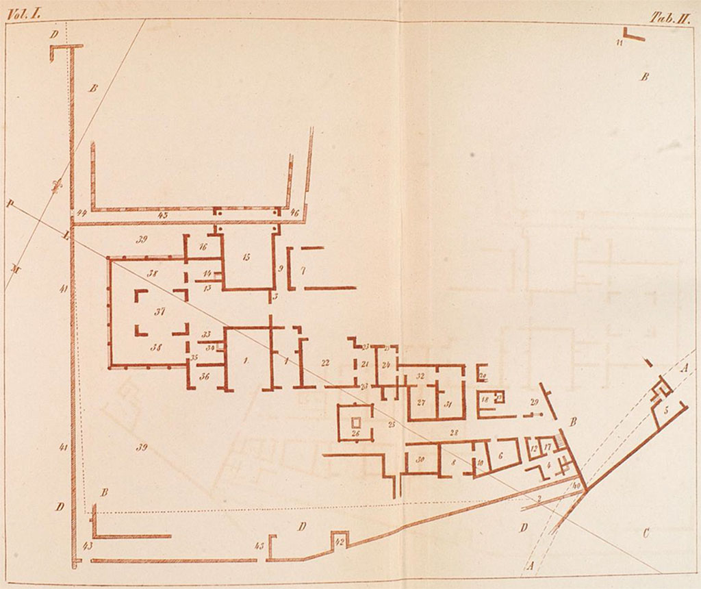 HGW06 Pompeii. Villa di Cicerone or Villa of Cicero. Plan c. 1778 by Francesco La Vega outlining the 46 areas described in the excavation report.
According to PAH, in the Giornale degli Scavi 1763-1790 of Francesco La Vega this was the “Casa pseudurbana poco distante dalla Porta della città, e relativamente alla stessa città verso occidente *. Resta tal fabbrica nel podere del Monastero de'PP. Celestini della Torre dell'Annunziata, censito ad Ignazio Russo, altramente Balzano”.
Questa casa vien detta volgarmente villa di Cicerone. Fu scavata e poi ricoperta. Veggansi i rapporti dell'Alcubierre sugli scavi della Civita in gennaio 1749.
See Fiorelli G., 1860. Pompeianarum antiquitatum historia, Vol. 1: 1748 - 1818, Naples, pp. 102-110, Tab II.
