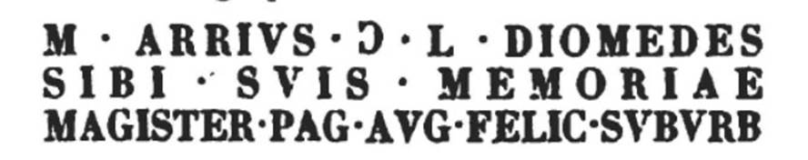 From PAH, addendum, p.132 – 
Relazione delle antichita, che si vanno ritrovando nella masseria del sig. D. Giovanni Milano parsonaro, che si era principiata al di 14 Febbraro 1771. (Report of Antiquities found.....)
N.91. A di 22 settembre 1774. Si e trovata la seguente iscrizione in tavola di marmo, lunga pal. 3 min. 18, altezza min. 58.