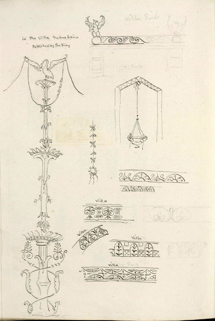 HGW24 Pompeii. Villa suburbana, various sketches of decorations by W. Gell.
See Gell, W. Pompeii unpublished [Dessins de l'édition de 1832 donnant le résultat des fouilles post 1819 (?)] vol II, pl. 163 of 178.
Bibliothèque de l'Institut National d'Histoire de l'Art, collections Jacques Doucet, Identifiant numérique Num MS180 (2).
See book in INHA Use Etalab Licence Ouverte
