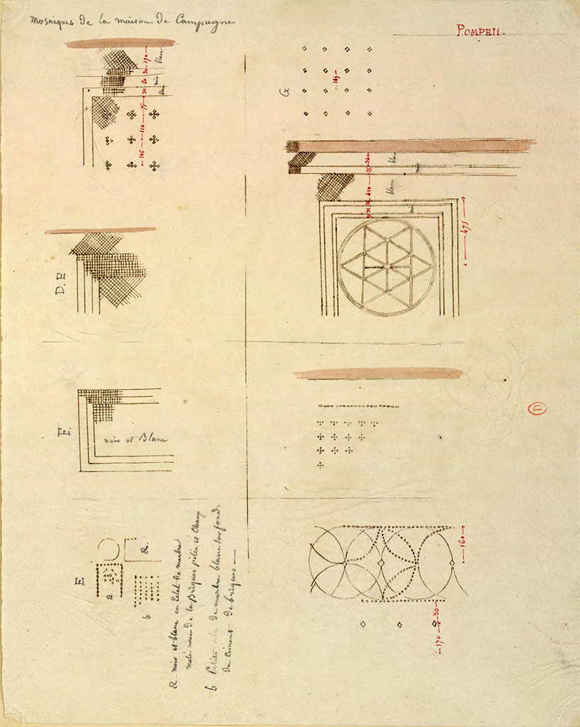 HGW24 Pompeii. May 1823? Sketches by Chenavard, described as Mosaïques de la maison de Campagne, Pompeii.
(Villa Diomedes Project – area 14.)
(Fontaine, room 2,13).
According to Villa Diomedes Project, the mosaic on the top right is from a room on south side of upper peristyle, see Villa Diomedes Part 1 on our website.
Annotations par Chenavard : "a : noir et blanc en éclat de marbre mêlé avec de la brique pilée et chaux; b : petits cubes de marbre blanc sur fond de ciment et briques".
Relevé reproduit et annoté de pavements en mosaïque de la Villa di Diomède.
See Chenavard, Antoine-Marie (1787-1883) et al. Voyage d'Italie, croquis Tome 3, pl. 100.
INHA identifiant numérique : NUM MS 703 (3). See Book on INHA 
Document placé sous « Licence Ouverte / Open Licence » Etalab   
