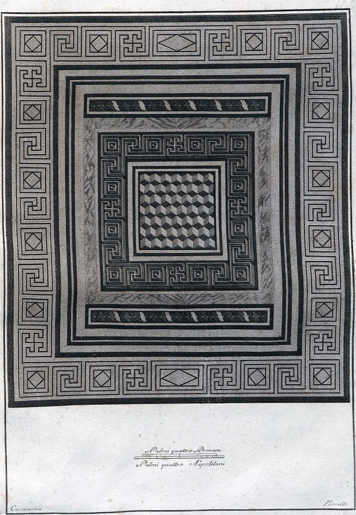 HGW24 Pompeii. Pre-1796. Mosaic said to be from the Villa of Diomedes?
See Gli ornati delle pareti ed i pavimenti delle stanze dell'antica Pompei incisi in rame: pt.1 1796.
See Gli ornati delle pareti ed i pavimenti delle stanze dell'antica Pompei incisi in rame: 1838, p. 124 of 124.
