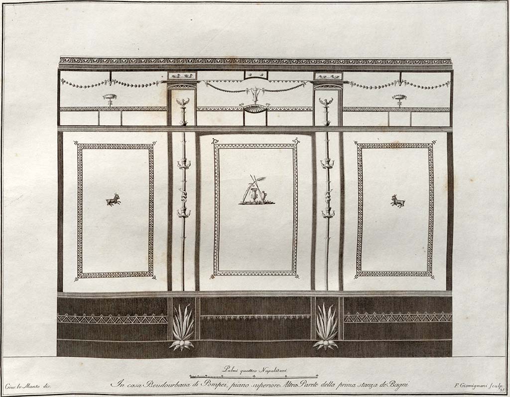 HGW24 Pompeii. Apodyterium (first room) of the Baths’ area. Drawing by Giuseppe Chiantarelli of the long walls of the room.
See also Gli Ornati delle Pareti ed I Pavimenti delle Stanze dell’Antica Pompei, 1838, (No.35)
(Villa Diomedes Project – area 9).
(Fontaine, room 3,2 in baths’ area).
