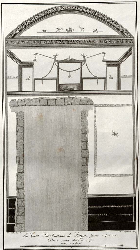 HGW24 Pompeii. 
Looking towards north (short) wall of tepidarium, with doorway to apodyterium, on upper floor.
See Gli Ornati delle Pareti ed I Pavimenti delle Stanze dell’Antica Pompei, 1838, (No.16)
(Villa Diomedes Project – area 10 with doorway to area 9). 
(Fontaine, room 3,3).
