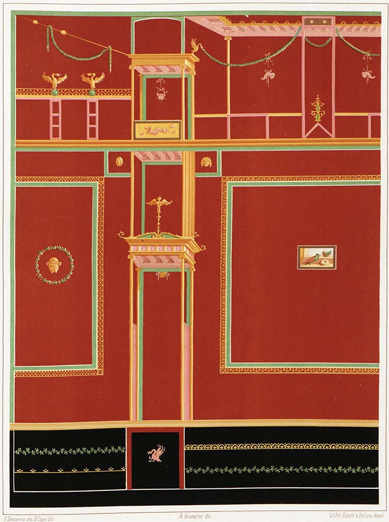 HGW24 Pompeii. Drawing by Niccolini (1889) showing decoration of the long wall of the tepidarium.
See Niccolini F, 1890. Le case ed i monumenti di Pompei: Volume Terzo. Napoli, Arte, tav XII. 
(Villa Diomedes Project – area 10).
(Fontaine Tepidarium 3,3).
