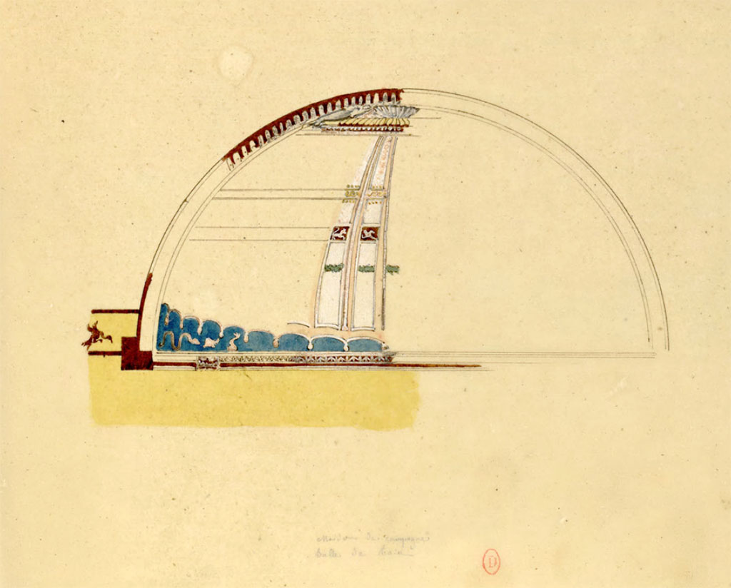 HGW24 Pompeii. Mai 1823? Watercolour sketch by Chenavard showing decoration of vault in caldarium.
Description : Reproduction de la peinture ornant la lunette du caldarium de la Villa di Diomède.
See Chenavard, Antoine-Marie (1787-1883) et al. Voyage d'Italie, croquis Tome 3, pl. 111.
INHA Identifiant numérique : NUM MS 703 (3). See Book on INHA 
Document placé sous « Licence Ouverte / Open Licence » Etalab   
(Fontaine, calidarium room 3.4).
