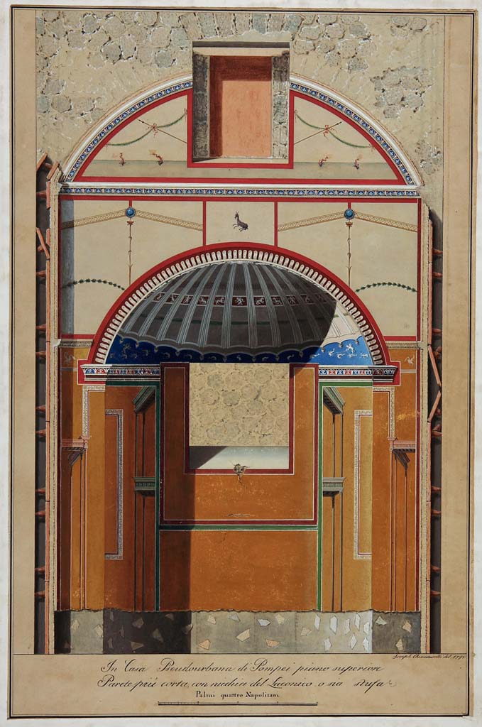 HGW24 Pompeii. Short (south) wall with niche for the labrum, in caldarium in baths’ area on upper floor.
Drawing by Giuseppe Chiantarelli, 1798.  ADS 1157. which presumably served as a template for the copper plates of the Gli Ornate
(Villa Diomedes Project – area 11).
(Fontaine, calidarium room 3.4).
Photo © ICCD. https://www.catalogo.beniculturali.it
Utilizzabili alle condizioni della licenza Attribuzione - Non commerciale - Condividi allo stesso modo 2.5 Italia (CC BY-NC-SA 2.5 IT)
