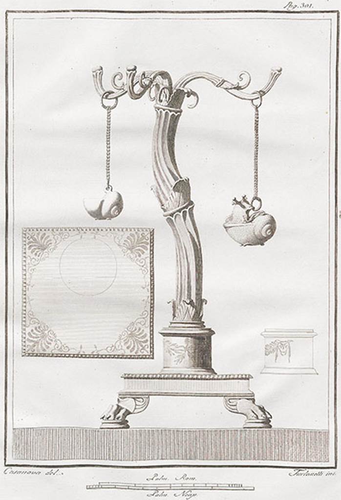 HGW24 Pompeii. Lamp-stand with a square base, standing on lion’s feet. It was decorated with a floral design and at the side with a garland and two bovine skulls. Rising from it was a twisted stem representing a plant stem with three flower branches spreading out at the top. From these hung two lamps in the form of snails. In one of these the snail was partly out of its shell. In the other the snail was entirely inside.  
See Antichità di Ercolano: Tomo Ottavo: Lucerne, Lanterne, Candelabri, 1792, Tav LXV, p. 301.
(Fontaine, steps to lower floor from north-east corner of front courtyard portico.
