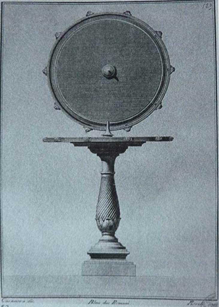 HGW24 Pompeii. Found 21st February 1771. Circular table used as a fountain 
Now in Naples Archaeological Museum. Inventory number 73019.
See Pagano, M. and Prisciandaro, R., 2006. Studio sulle provenienze degli oggetti rinvenuti negli scavi borbonici del regno di Napoli. Naples: Nicola Longobardi, p. 336, Rami Inediti 53.
