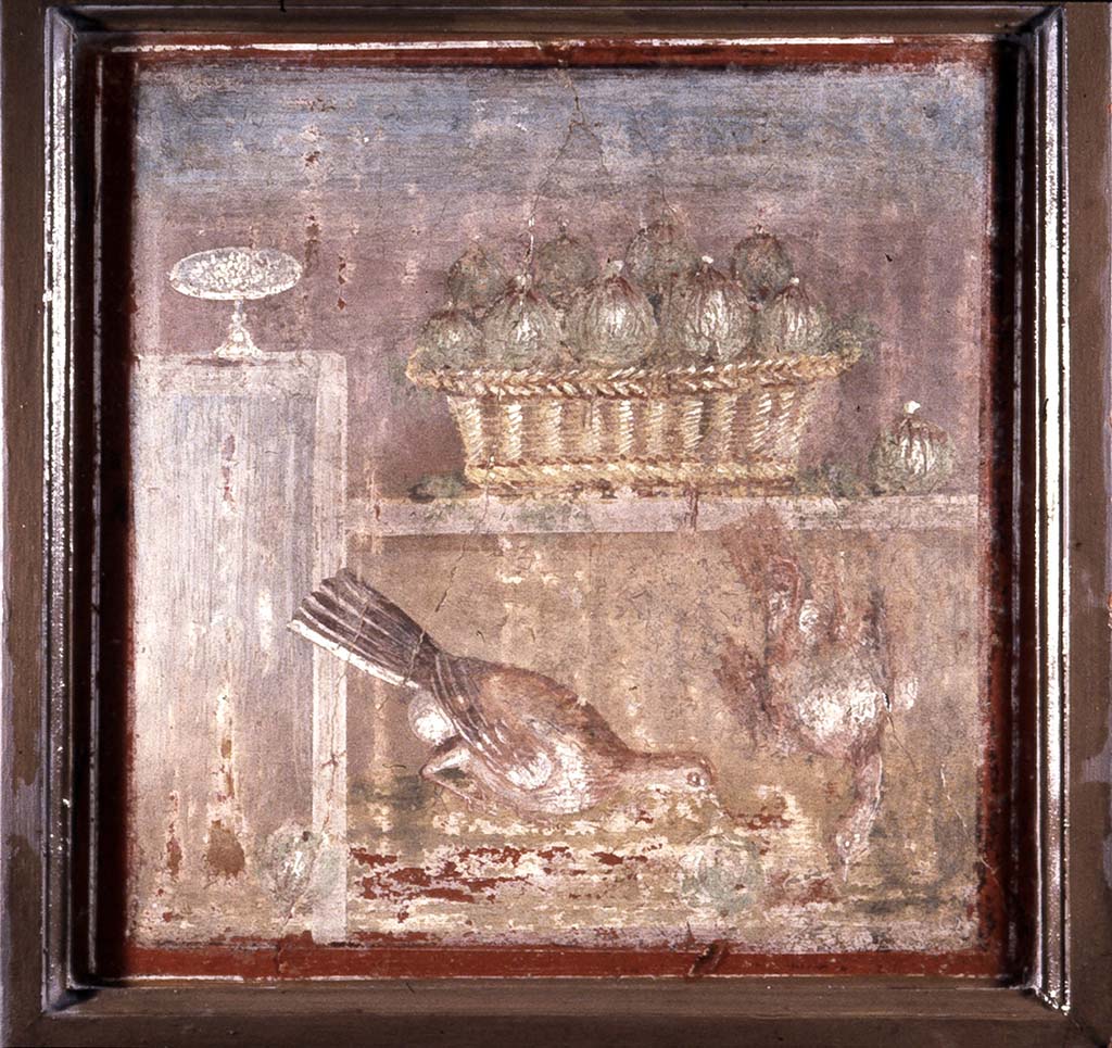 HGW24 Pompeii. Painting of basket of figs with two dead birds, found 9th March 1771 in the tablinum.
Now in Naples Archaeological Museum. Inventory number 8640.
See Pagano, M. and Prisciandaro, R., 2006. Studio sulle provenienze degli oggetti rinvenuti negli scavi borbonici del regno di Napoli. Naples: Nicola Longobardi. (p.70).
Photo ©Villa Diomedes Project, base de données Images, http://villadiomede.huma-num.fr/bdd/images/5342 
