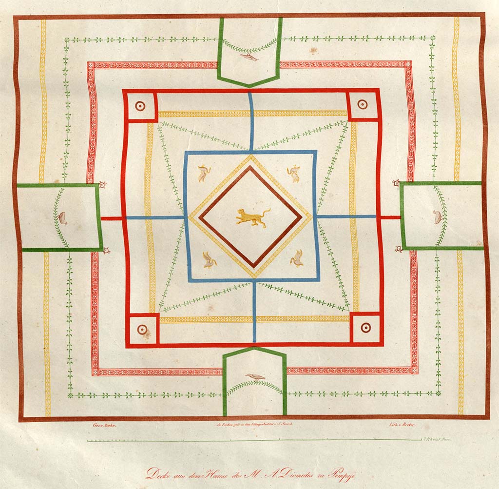 HGW24 Pompeii. Drawing by Zahn, of ceiling decoration in one of the rooms on the lower floor.
See Zahn, W., 1828. Die schönsten Ornamente und merkwürdigsten Gemälde aus Pompeji, Herkulanum und Stabiae: I. Berlin: Reimer, taf. 27.
(Fontaine, room 5,13).
