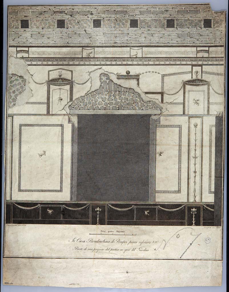 HGW24 Pompeii. Drawing by Chiantarelli, looking towards window of room on the east portico. 
Now in Naples Archaeological Museum. Inventory number ADS1160.
East wall of part of the portico around the garden, with window (in centre).
See Gli Ornati delle Pareti ed I Pavimenti delle Stanze dell’Antica Pompei, 1838, (No.7).
(Villa Diomedes – east portico 63, with window to room 57, and doorway to room 56, on right.)
(Fontaine, 5e, east wall of garden portico, with window to room 5,10 in centre, and doorway to room 5,8, on right). 
Photo © ICCD. https://www.catalogo.beniculturali.it
Utilizzabili alle condizioni della licenza Attribuzione - Non commerciale - Condividi allo stesso modo 2.5 Italia (CC BY-NC-SA 2.5 IT)
