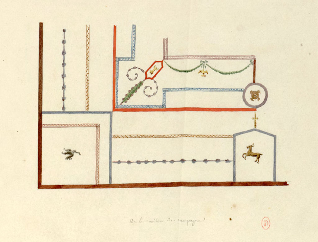 HGW24 Pompeii. Mai 1823? Watercolour sketch by Chenavard of vaulted ceiling in one of the rooms on the east side of the garden area.
See Chenavard, Antoine-Marie (1787-1883) et al. Voyage d'Italie, croquis Tome 3, pl. 109b.
INHA Identifiant numérique : NUM MS 703 (3). See Book on INHA 
Document placé sous « Licence Ouverte / Open Licence » Etalab   
[Fontaine room 5.10?]
