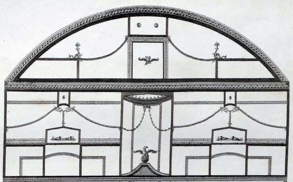 HGW24 Pompeii. Enlargement of upper wall and vaulted area of short (east) wall of one of the rooms, with two panels of painted ducks.
Drawing by Francesco Morelli showing east (short) wall of one of the rooms. Engraved by Nico Cesarano.  
Now in Naples Archaeological Museum. Inventory number ADS1177.
See Gli Ornati delle Pareti ed I Pavimenti delle Stanze dell’Antica Pompei, 1838, (No.44).
(Fontaine, room 5,9).
