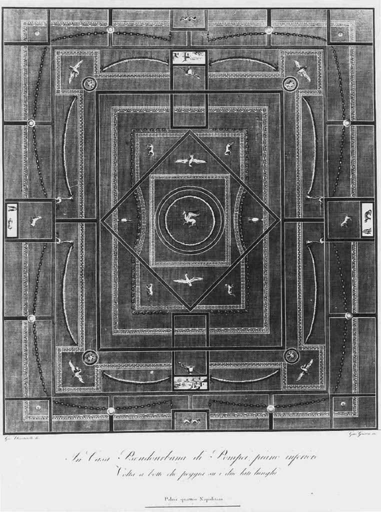 HGW24 Pompeii. Barrel-vaulted ceiling of one of the rooms on the lower floor. Drawn by Chiantarelli, engraved by Guerra.
See Gli Ornati delle Pareti ed I Pavimenti delle Stanze dell’Antica Pompei, 1838, (No.10).
According to Fontaine, this shows the vaulted ceiling of the triclinium, his room 5.7 on his plan. 
(Fontaine, room 5,7).
