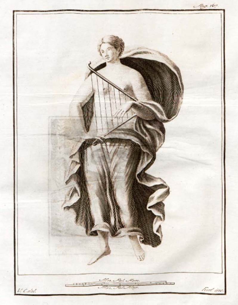 HGW24 Pompeii. 
At the side of the window (either west or east end of west wall) was a painted woman with blonde hair and golden earrings, holding a triangular instrument (similar to a harp with eight cords and two golden arms).
See Le antichità di Ercolano esposte Tomo 7, Le Pitture Antiche di Ercolano 5, 1775. (p.167, no.38). 
