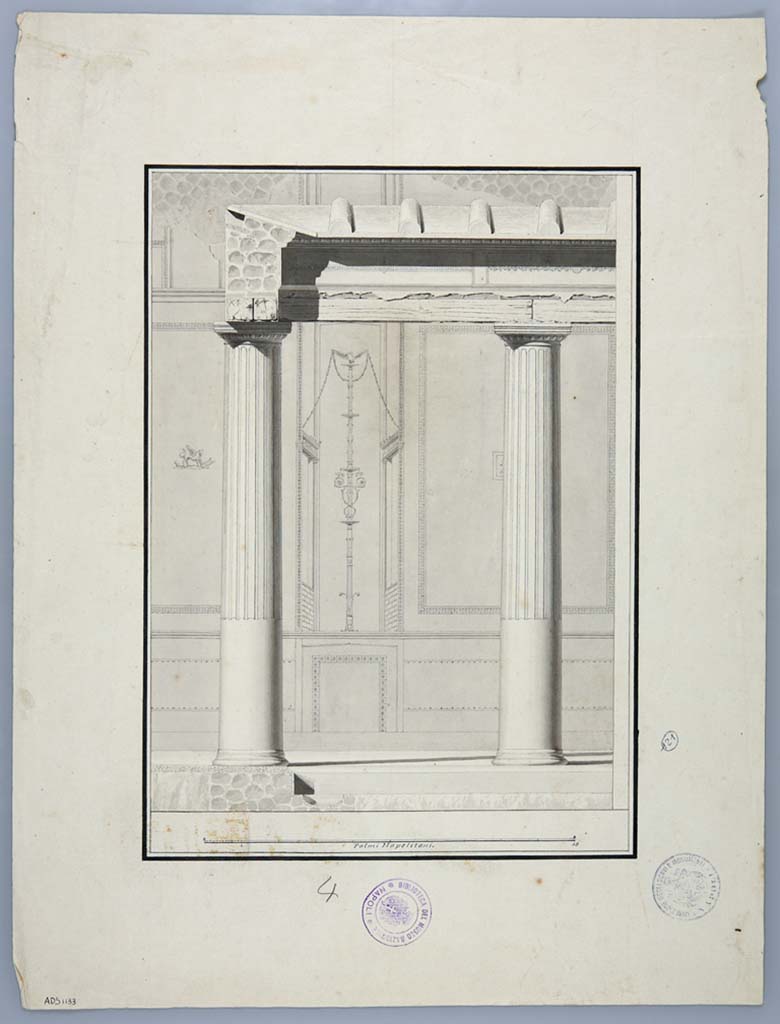 HGW24 Pompeii. La Vega drawing of wall decoration of peristyle wall as described in PAH,1, p.264 (1772).
In the panel on the left, a griffin with the lyre of Apollo is shown. 
Now in Naples Archaeological Museum. Inventory number ADS 1133.
Photo © ICCD. http://www.catalogo.beniculturali.it
Utilizzabili alle condizioni della licenza Attribuzione - Non commerciale - Condividi allo stesso modo 2.5 Italia (CC BY-NC-SA 2.5 IT)
