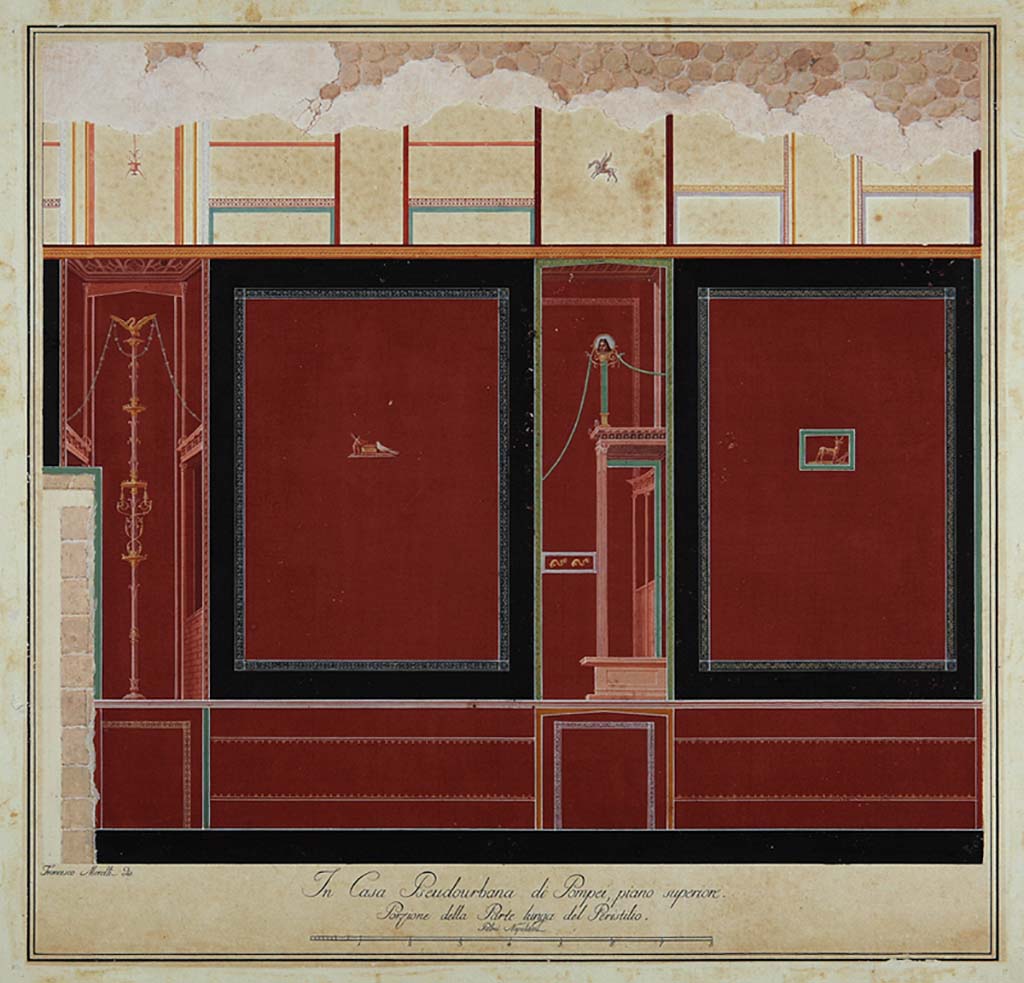 HGW24 Pompeii. Peristyle on upper floor, portion of long (east) wall, with slight differences to above drawings. 
Design by Francesco Morelli. Now in Naples Archaeological Museum. Inventory number ADS 1130.
(Villa Diomedes Project- area 2).
(Fontaine, room 2d, peristyle: East wall. south of the door to courtyard 3. It seems to have been a preliminary study on the engraving of the "Gli Ornati", to which it shows slight variants that are based on the poor legibility of the painting when found on excavation.)
Photo © ICCD. https://www.catalogo.beniculturali.it
Utilizzabili alle condizioni della licenza Attribuzione - Non commerciale - Condividi allo stesso modo 2.5 Italia (CC BY-NC-SA 2.5 IT)
