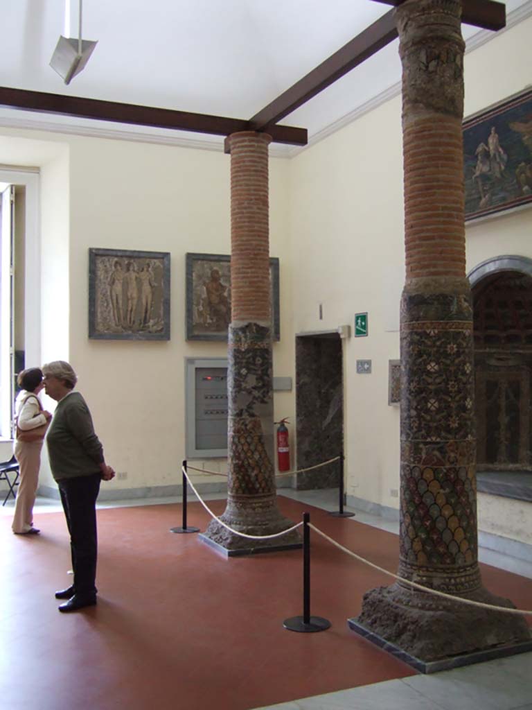 HGE12 Villa of the Mosaic Columns. Two of the mosaic columns.
Now in Naples Archaeological Museum. Inventory numbers 9996 (front) and 9995 (rear).
