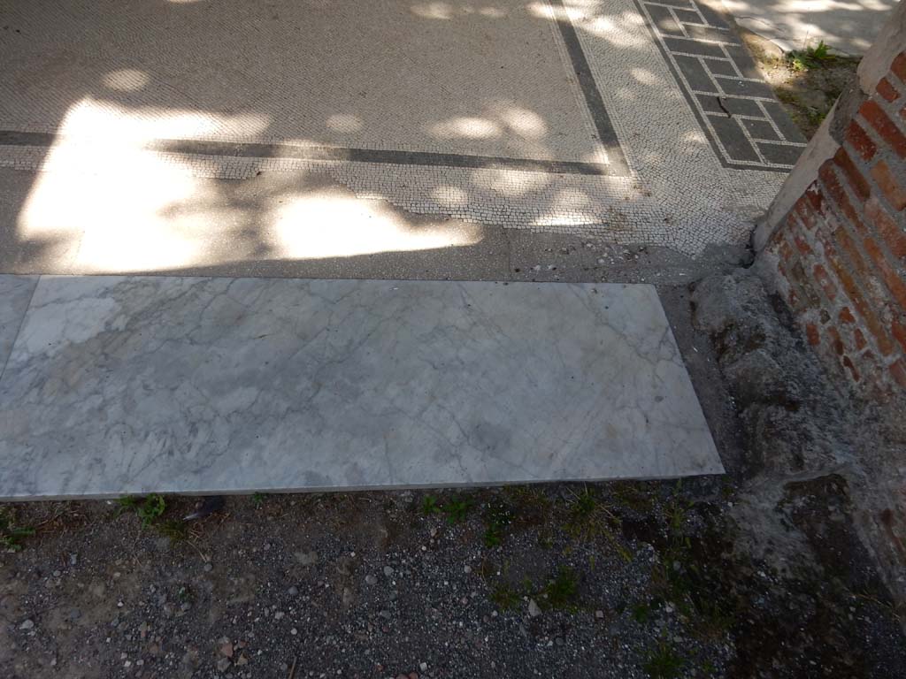 Villa San Marco, Stabiae, June 2019. Oecus 16, marble threshold in south-east corner, looking east to north portico 5. 
Photo courtesy of Buzz Ferebee

