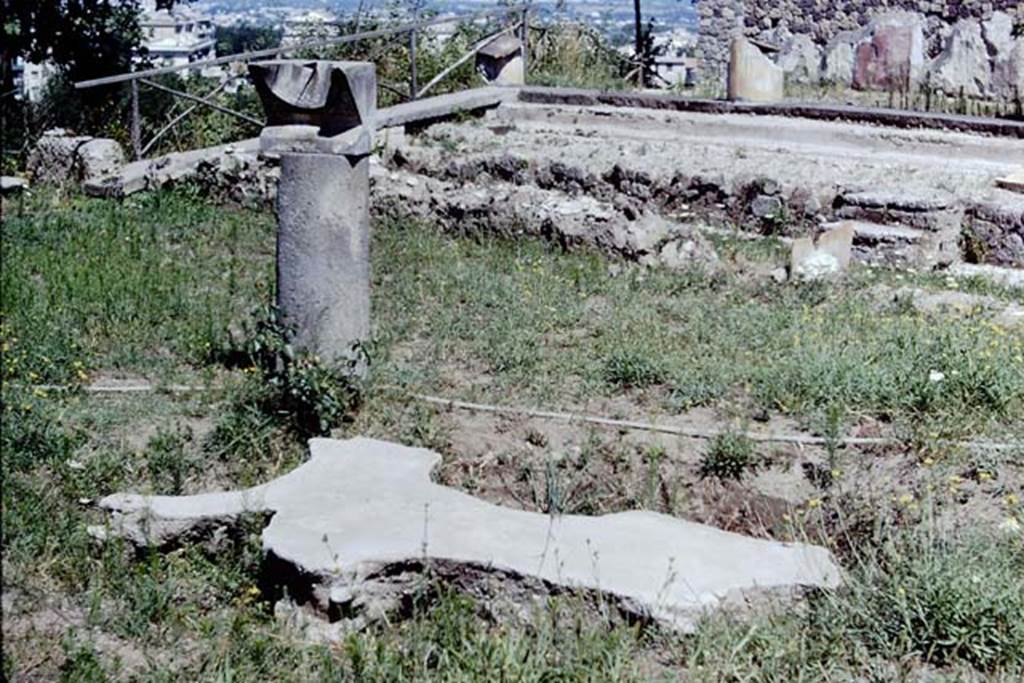 Villa San Marco, Stabiae, c.1960’s (probably 1968). Area 66, sundial in peristyle garden, and plaster-cast of a tree-root cavity. Looking north at rear towards the edge of the cliff-face, where the peristyle may have been destroyed in antiquity by a landslip. Photo by Stanley A. Jashemski.
Source: The Wilhelmina and Stanley A. Jashemski archive in the University of Maryland Library, Special Collections (See collection page) and made available under the Creative Commons Attribution-Non Commercial License v.4. See Licence and use details. Jmit0101
