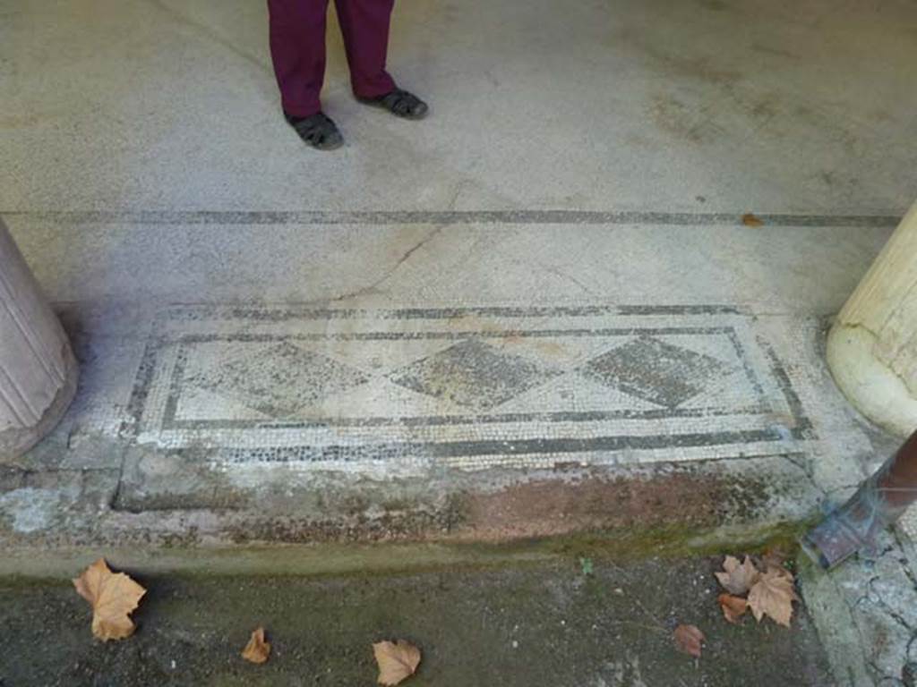 Villa San Marco, Stabiae, September 2015. Mosaic threshold between columns of west portico 3, in north-west corner next to north portico 5.
