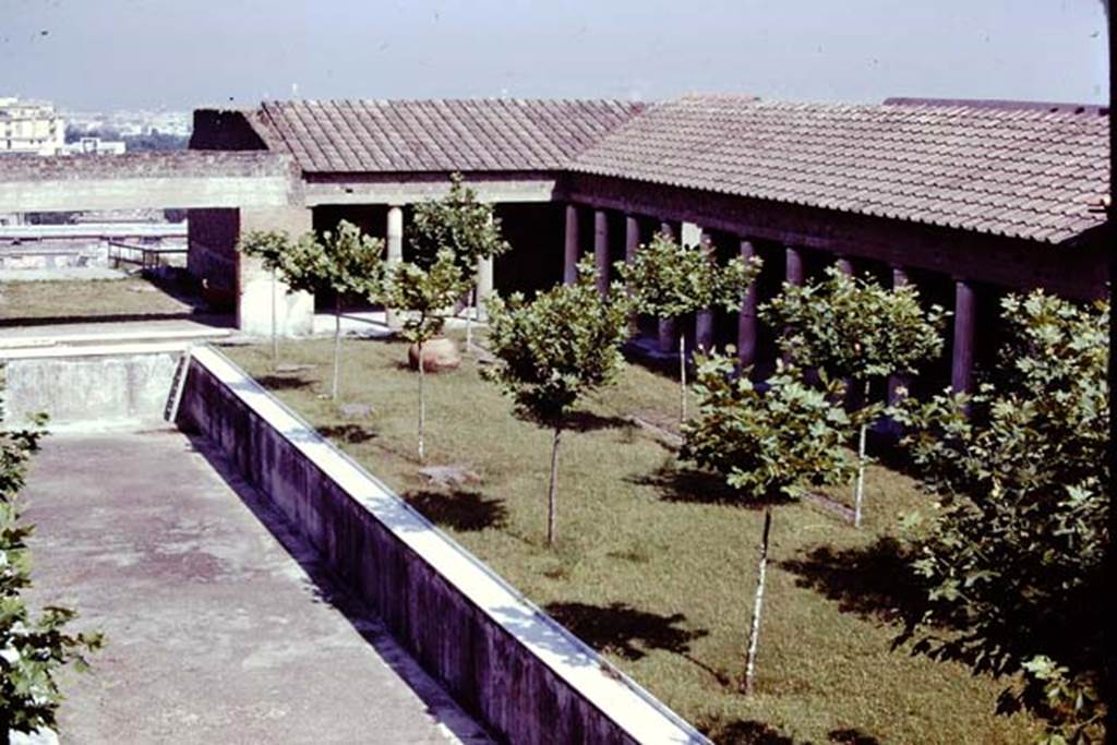 Villa San Marco, Stabiae, 1976. Looking north-east across garden area 9 to north portico 5 and east portico 20. 
Photo by Stanley A. Jashemski.
Source: The Wilhelmina and Stanley A. Jashemski archive in the University of Maryland Library, Special Collections (See collection page) and made available under the Creative Commons Attribution-Non Commercial License v.4. See Licence and use details.
Jmit0088
