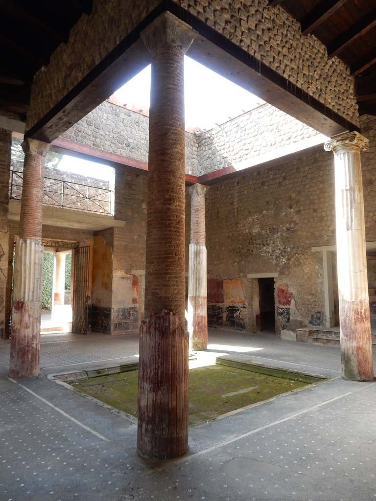 Villa San Marco, Stabiae, June 2019. Room 44, looking south-west across impluvium in atrium. 
Photo courtesy of Buzz Ferebee
