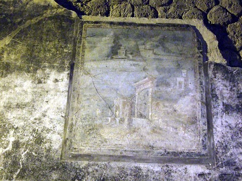 Villa San Marco, Stabiae, December 2006. Room 44, detail of sacred landscape painting in centre of north wall.