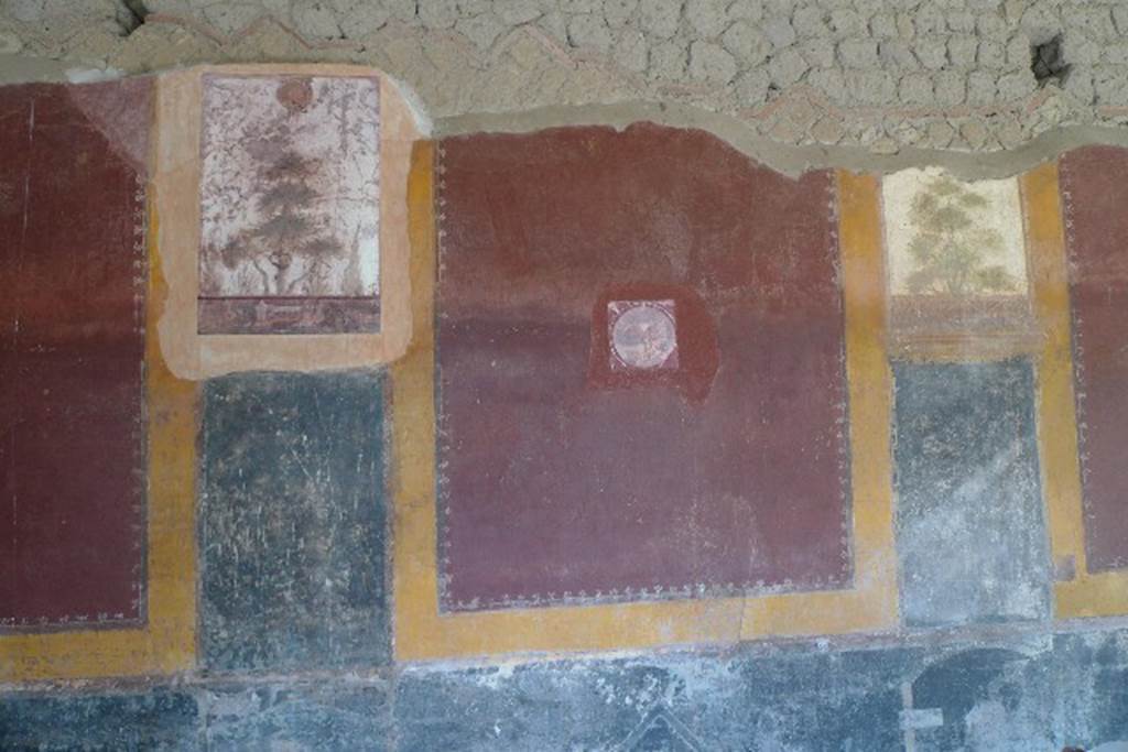 Castellammare di Stabia, Villa San Marco, July 2010. Room 20, east wall.
As part of the improvements to the villa, photo reproductions of some of the frescoes have been added to the wall. The reproduction fresco top left has a head of Medusa (upper) a tree and a Nile scene (lower) with an edifice with two temple-like side wings and a crocodile.  This replaces one now in Naples Archaeological Museum, inventory number 8511.
The reproduction medallion of a villa in maritime setting (centre) replaces one now in Naples Archaeological Museum, inventory number 9409D.
Photo courtesy of Michael Binns.

