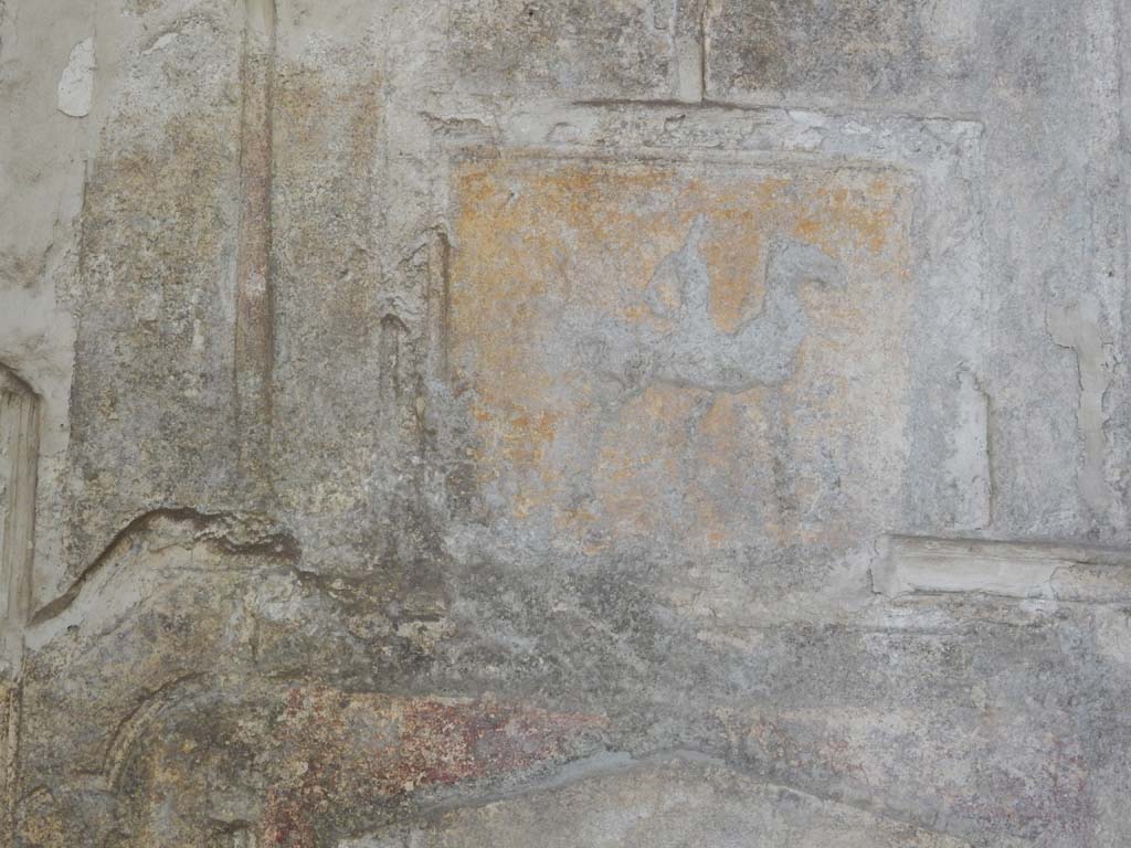 Villa San Marco, Stabiae, June 2019. Area 64, detail of decoration above the hunter. Photo courtesy of Buzz Ferebee