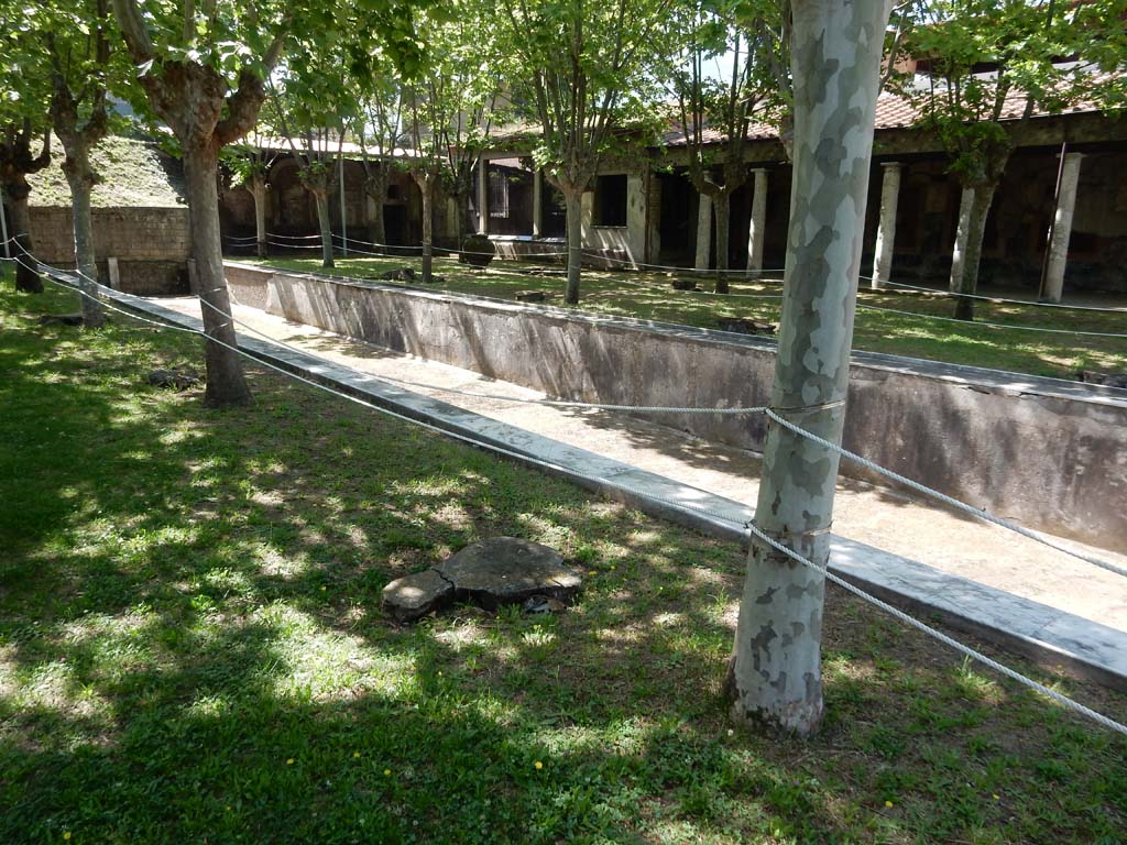 Villa San Marco, Stabiae, June 2019. Garden area 9, looking across pool towards the south-west side of the garden.  
Photo courtesy of Buzz Ferebee
