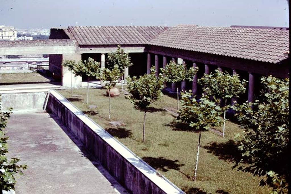 Villa San Marco, Stabiae, 1976. Looking from nymphaeum towards oecus at north end of pool 15. 
Photo by Stanley A. Jashemski.
Source: The Wilhelmina and Stanley A. Jashemski archive in the University of Maryland Library, Special Collections (See collection page) and made available under the Creative Commons Attribution-Non Commercial License v.4. See Licence and use details.
Jmit0088
