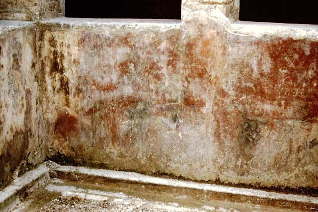 Villa San Marco, Stabiae, c.1960’s, possibly 1961. Looking at detail of remains of painted base of west wall of area 28, and the gutter. Photo by Stanley A. Jashemski.
Source: The Wilhelmina and Stanley A. Jashemski archive in the University of Maryland Library, Special Collections (See collection page) and made available under the Creative Commons Attribution-Non Commercial License v.4. See Licence and use details. Jmit0097
