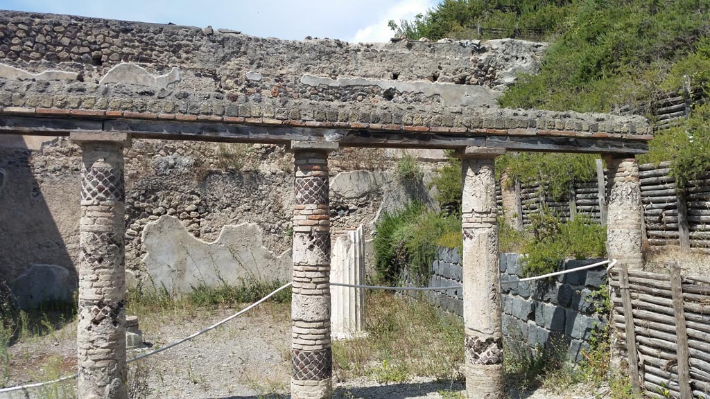 Villa of Mysteries, Pompeii. August 2016.  Looking north at east end of colonnade. Photo courtesy of Maribel Velasco.