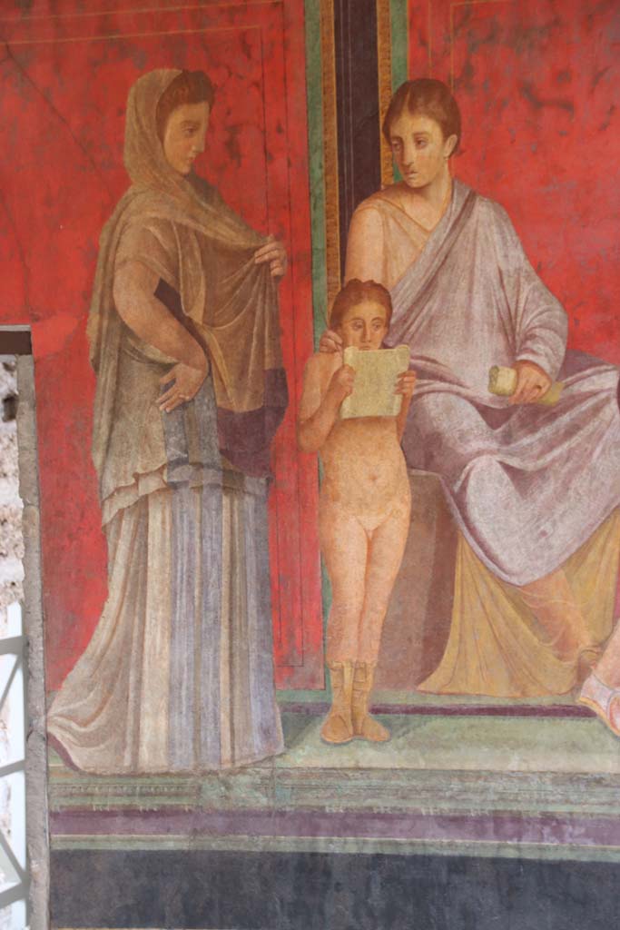 Villa of Mysteries, Pompeii. September 2021. 
Room 5, The reading of the liturgy of the ritual, detail from north wall. 
Photo courtesy of Klaus Heese.

