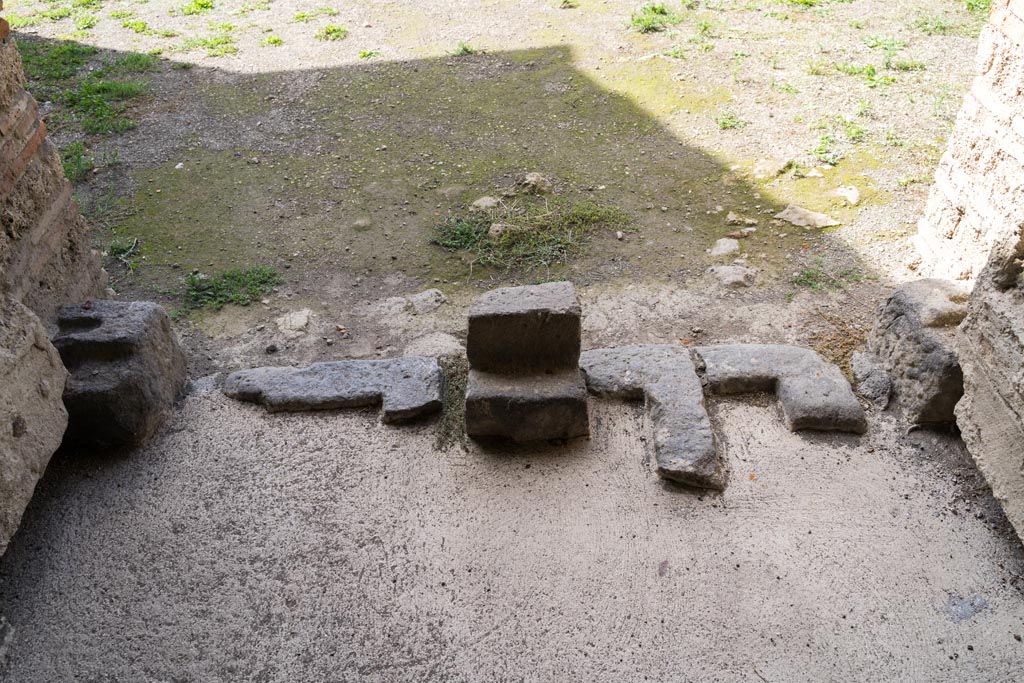 Villa Regina, Boscoreale. October 2021. 
Main entrance XIV, looking south towards detail of lower doorway. Photo courtesy of Johannes Eber.
