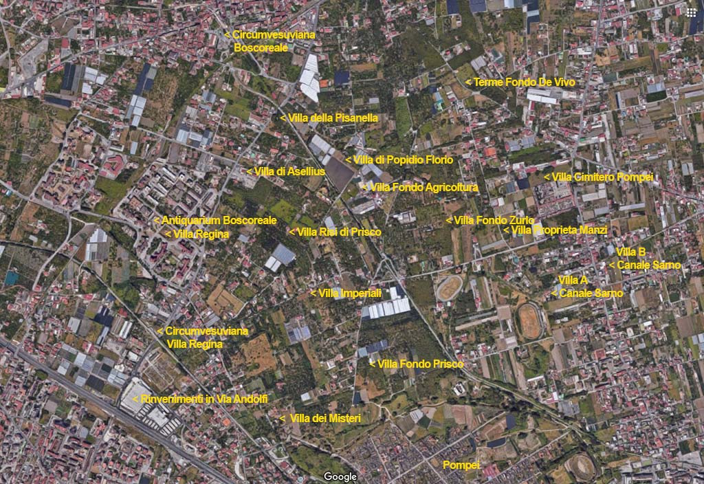 Boscoreale, location plan of Villa Pisanella and other villas based on the plan displayed in Boscoreale Antiquarium.
Photo courtesy of Google Earth.
The locations are an indication only. Most of the villas are buried and not visitable.
To see these villas see our page Boscoreale villas
The Boscoreale Antiquarium and Villa Regina, Villa dei Misteri and Pompeii are shown.
The two new Circumvesuviana stations at Boscoreale and Villa Regina are also shown.
Villa Regina station is on the same Napoli – Sorrento – Napoli line as Pompeii Scavi Villa dei Misteri and is the stop before/after Pompeii Scavi.
The new Boscoreale station is on the Napoli – Torre Annunziata -Poggiomarino line adjacent to the old station which is now closed.
The line through the new Boscoreale station has been diverted and is underground, removing the need for six above ground level crossings.
