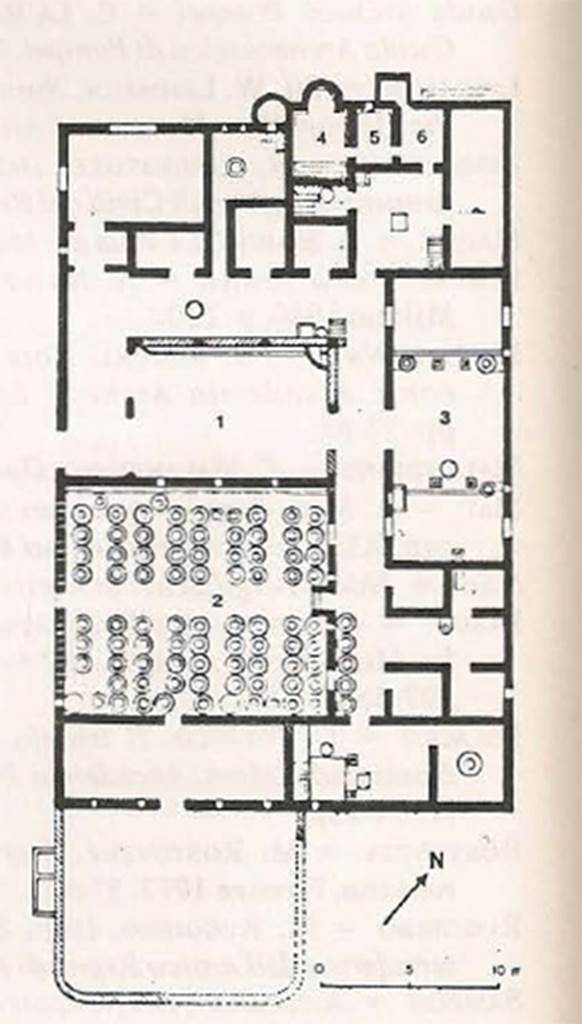 Villa della Pisanella, Boscoreale. Casale Bianco Plan CB1.
See Casale A., Bianco A., Primo contributo alla topografia del suburbio pompeiano: Supplemento al n. 15 di ANTIQUA ottobre-dicembre 1979, 1, fig. 1, p. 30.
(Note the different numbering of the rooms above, as opposed to the plan in Notizie degli Scavi, and by Pasqui and Barnabei, see below).
