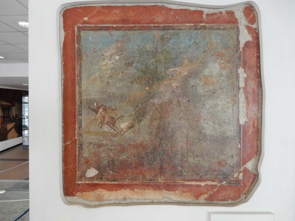 Villa della Pisanella, Boscoreale. May 2018. Room G, triclinium with red walls. Fresco with hunt scene.
Now in Boscoreale Antiquarium. Photo courtesy of Buzz Ferebee.
