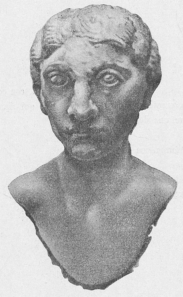 Villa della Pisanella, Boscoreale. Female silver bust. Front view.
See Pasqui A., La Villa Pompeiana della Pisanella presso Boscoreale, in Monumenti Antichi VII 1897, p. 415 fig. 12.
