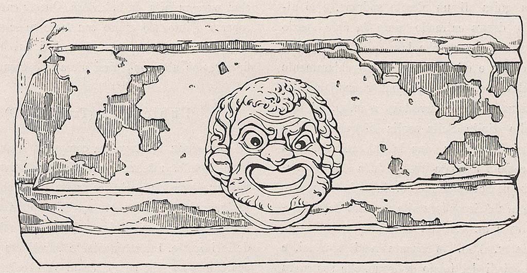 Villa della Pisanella, Boscoreale. Terracotta decorated roof gutter (gronda) with comic mask.
See Pasqui A., La Villa Pompeiana della Pisanella presso Boscoreale, in Monumenti Antichi VII 1897, p. 425 fig. 20.
