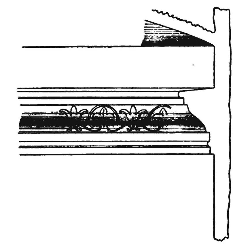 Villa della Pisanella, Boscoreale. The other cornice, which ran around the cubiculum, had its curve upside down with small palms and fleur-de-lis and painted in yellow on a red background (fig. 22)
See Pasqui A., La Villa Pompeiana della Pisanella presso Boscoreale, in Monumenti Antichi VII 1897, (fig. 21).
