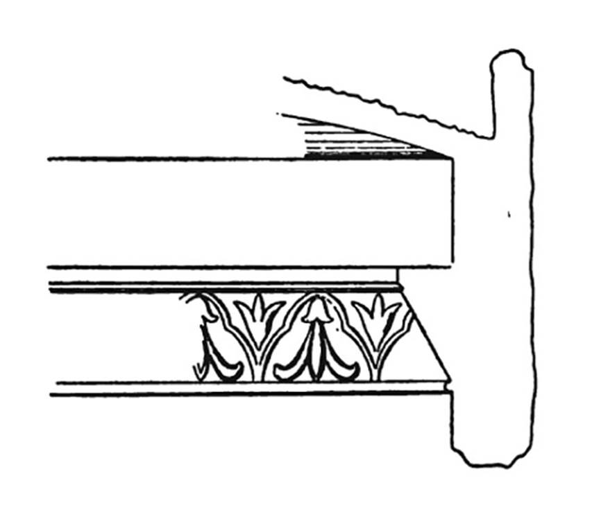 Boscoreale, Villa della Pisanella. 1897. Cornice in tepidarium N.
The small cornice consisted of a double oblique, on which were recorded trefoil arches and contained blossoms and small Palm trees. 
Above and below the top the outline was completed by a strip.
See Pasqui A., La Villa Pompeiana della Pisanella presso Boscoreale, in Monumenti Antichi VII 1897, fig. 49.
